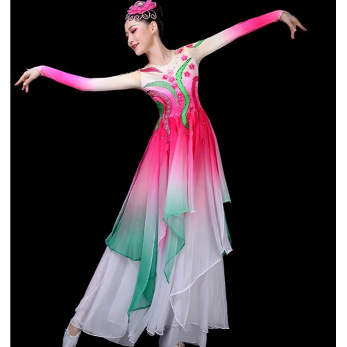 Women's pink colored chinese folk dance costumes hanfu fairy traditional classical dance dresses princess fan umbrella dance dresses